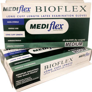 Mediflex Bioflex Lightly Powdered Long Cuff Latex Examination Gloves